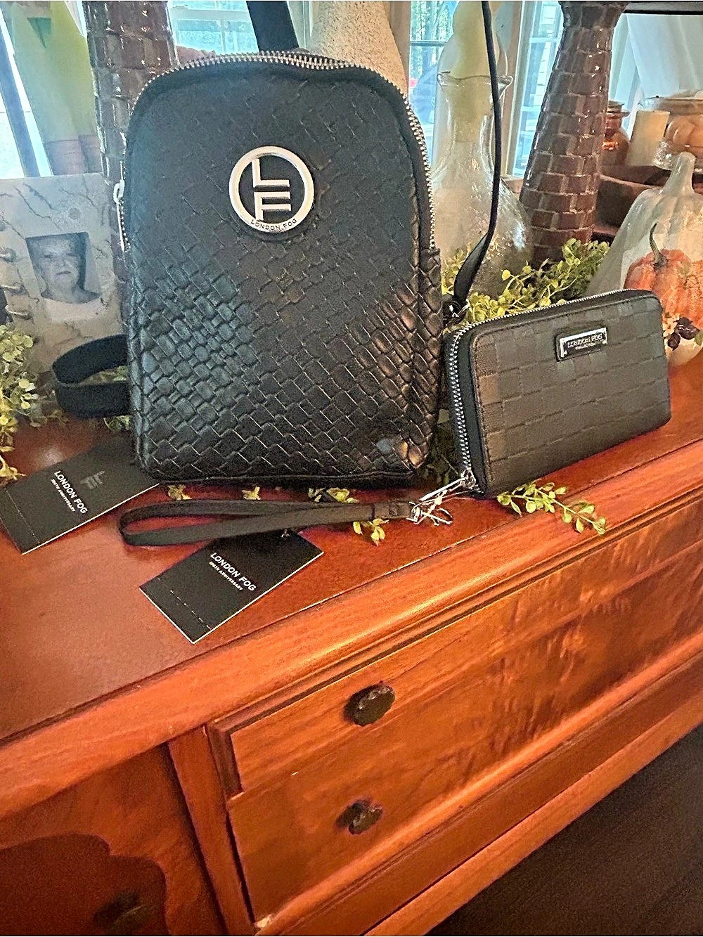 London Fog Set. 2 Piece Broadway Double Compartment Woven Sling Black & Wallet